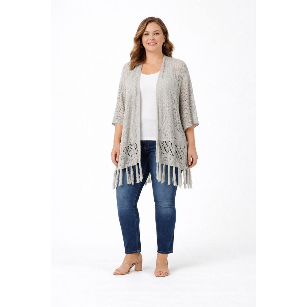 Milkweed Open Knit Lightweight Cardigan Kimono Fringe Boho Oversized Gray M OS